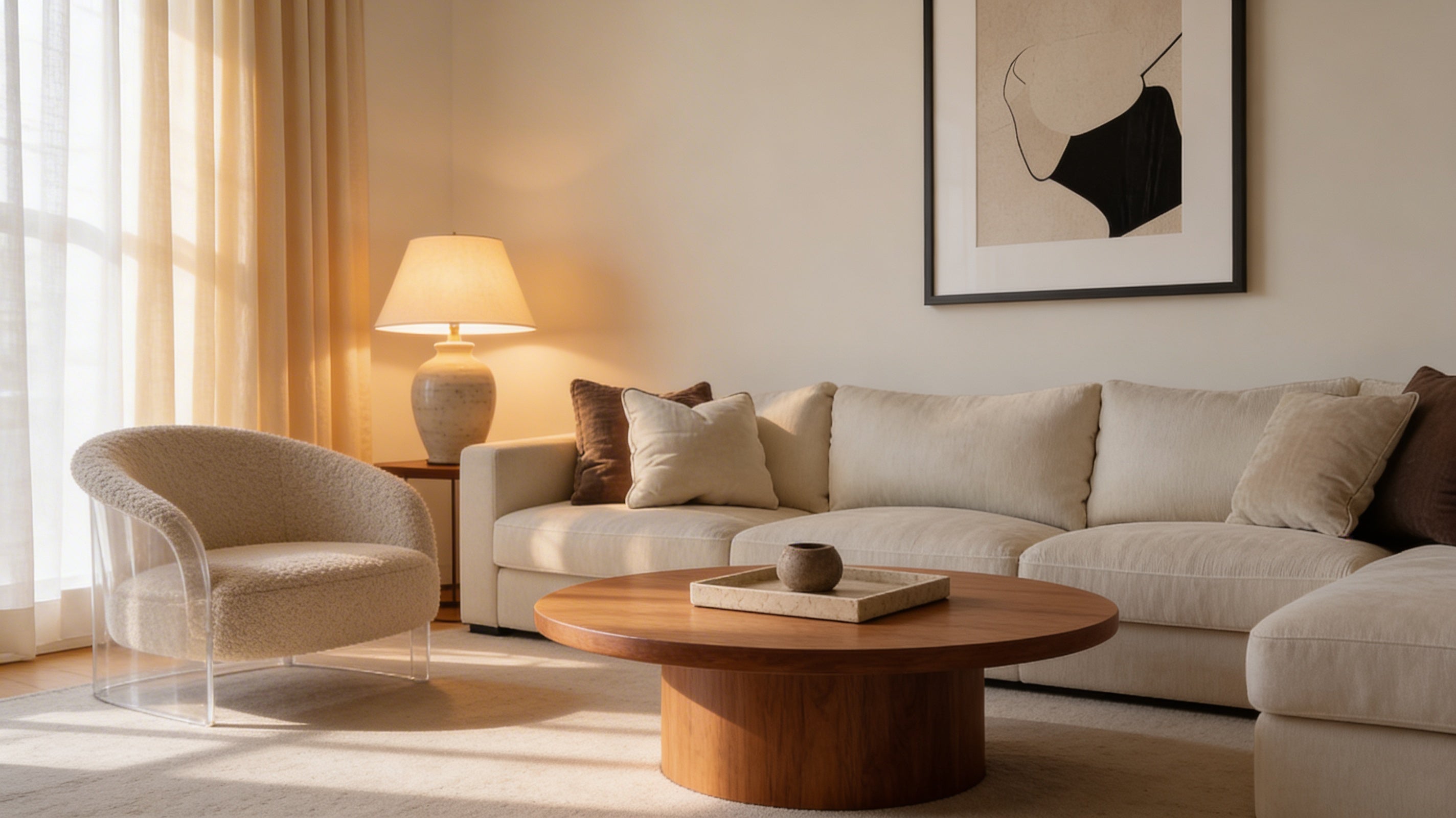 How to make a small apartment feel expensive with warm layered lighting, neutral sofa, and minimalist decor.