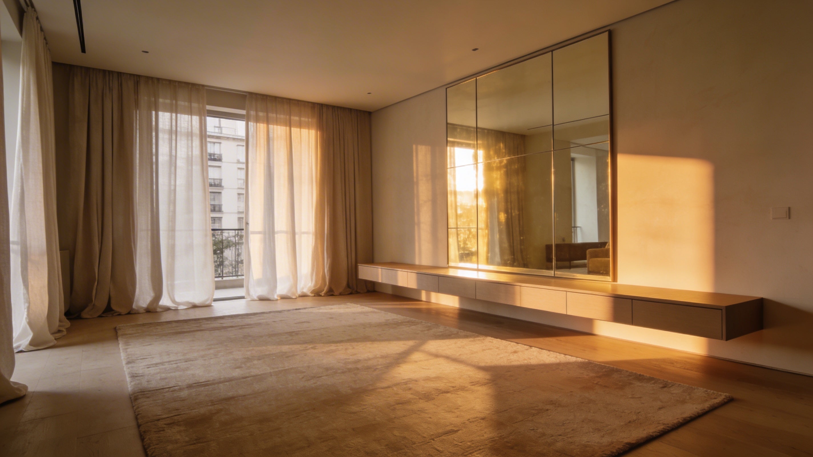 Floating walnut media console beneath a large paneled wall mirror, illuminated by warm golden hour light filtering through sheer floor-to-ceiling curtains in a minimalist apartment living space.