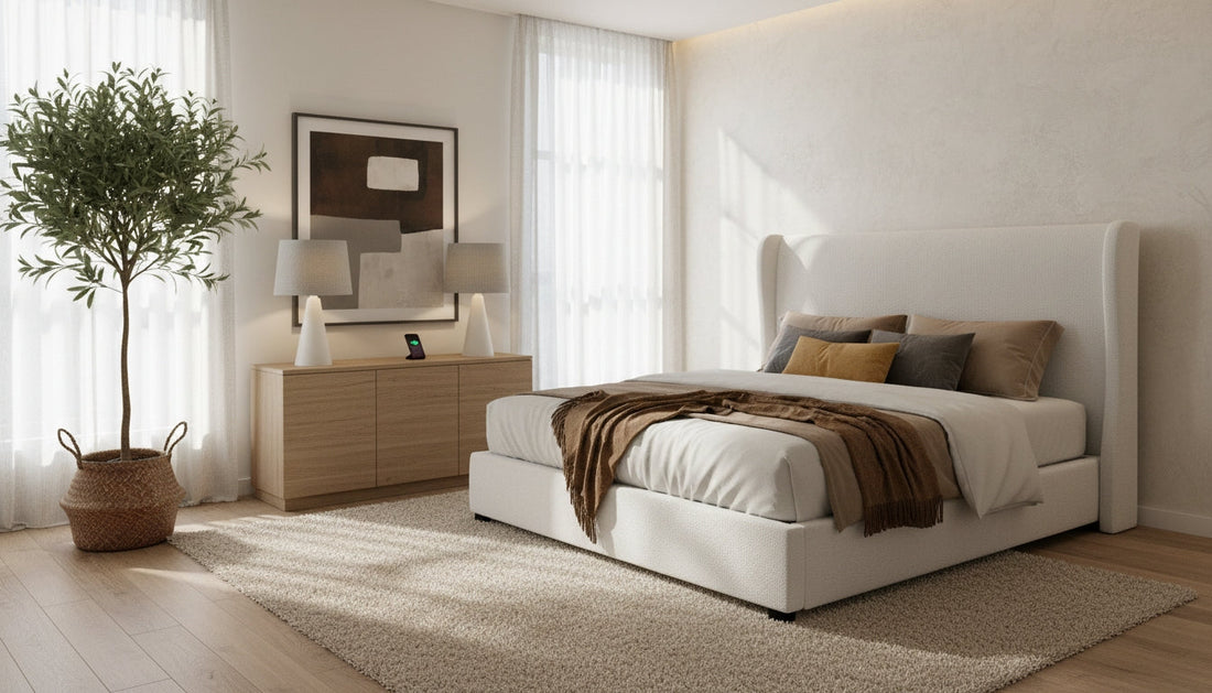Warm neutral bedroom design featuring cream upholstered platform bed, textured ivory area rug, faux olive tree, ceramic table lamps, and oversized abstract wall art for modern beige home decor inspiration.