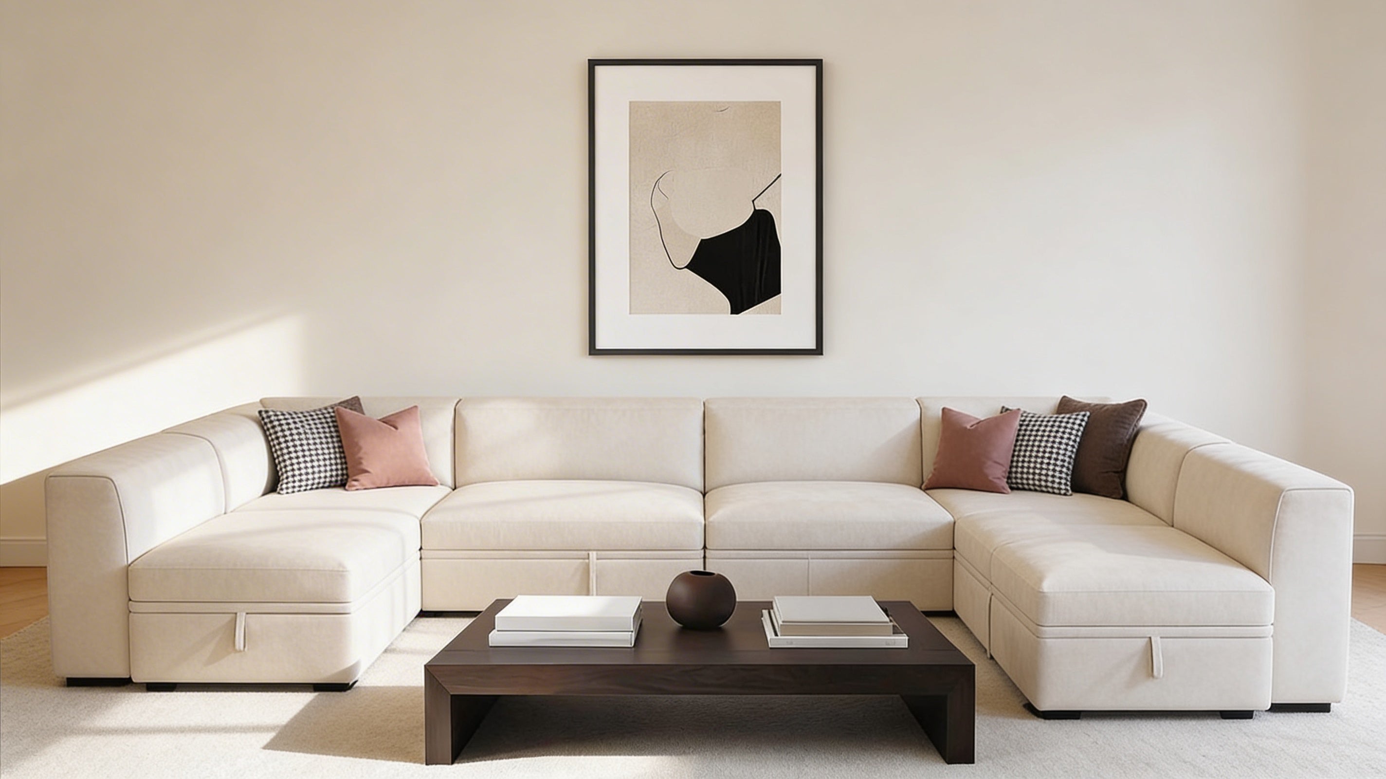 Warm neutral small apartment living room with modular sofa, layered textures, and oversized wall art