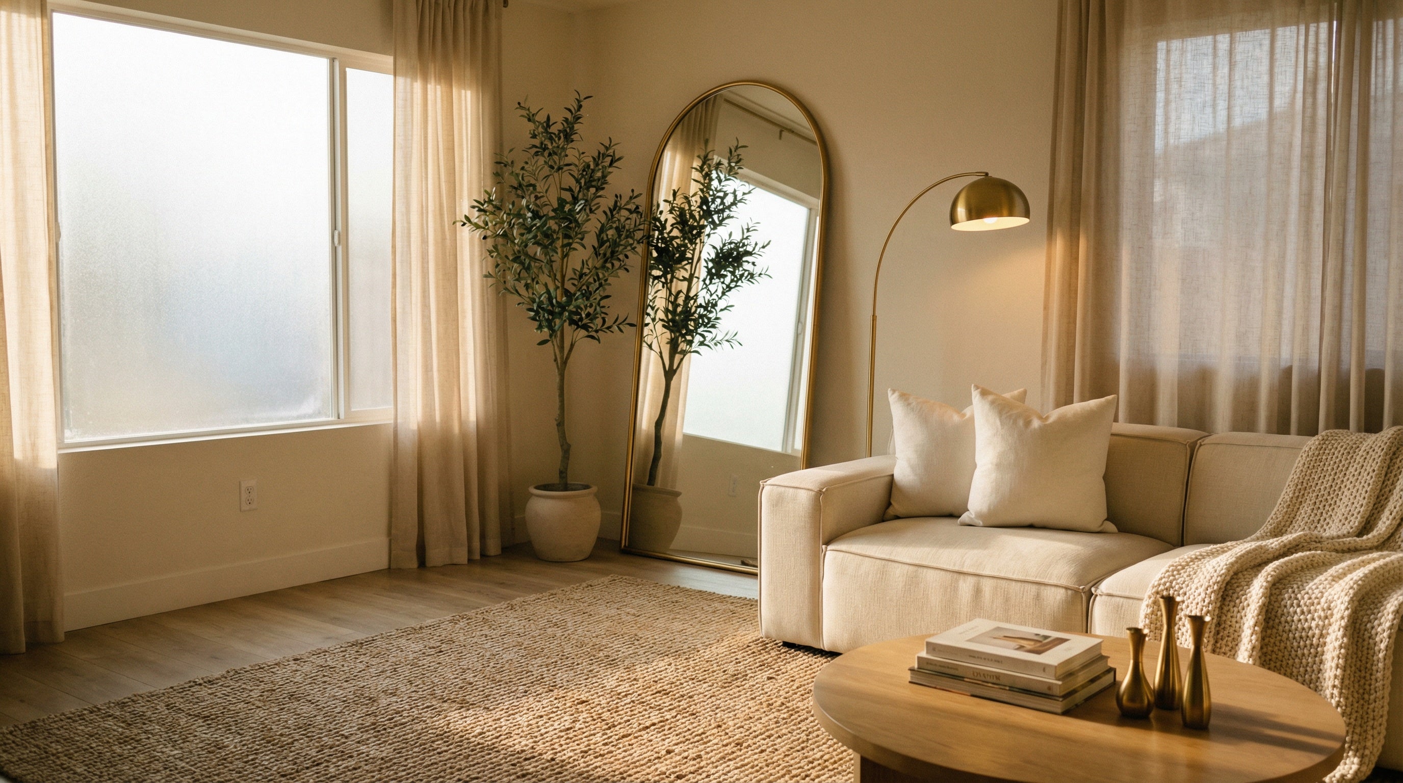 Warm neutral apartment living room with arched gold floor mirror reflecting window light, faux olive tree, brass arc floor lamp, seagrass rug, cream sofa, and sheer linen curtains at ceiling height.