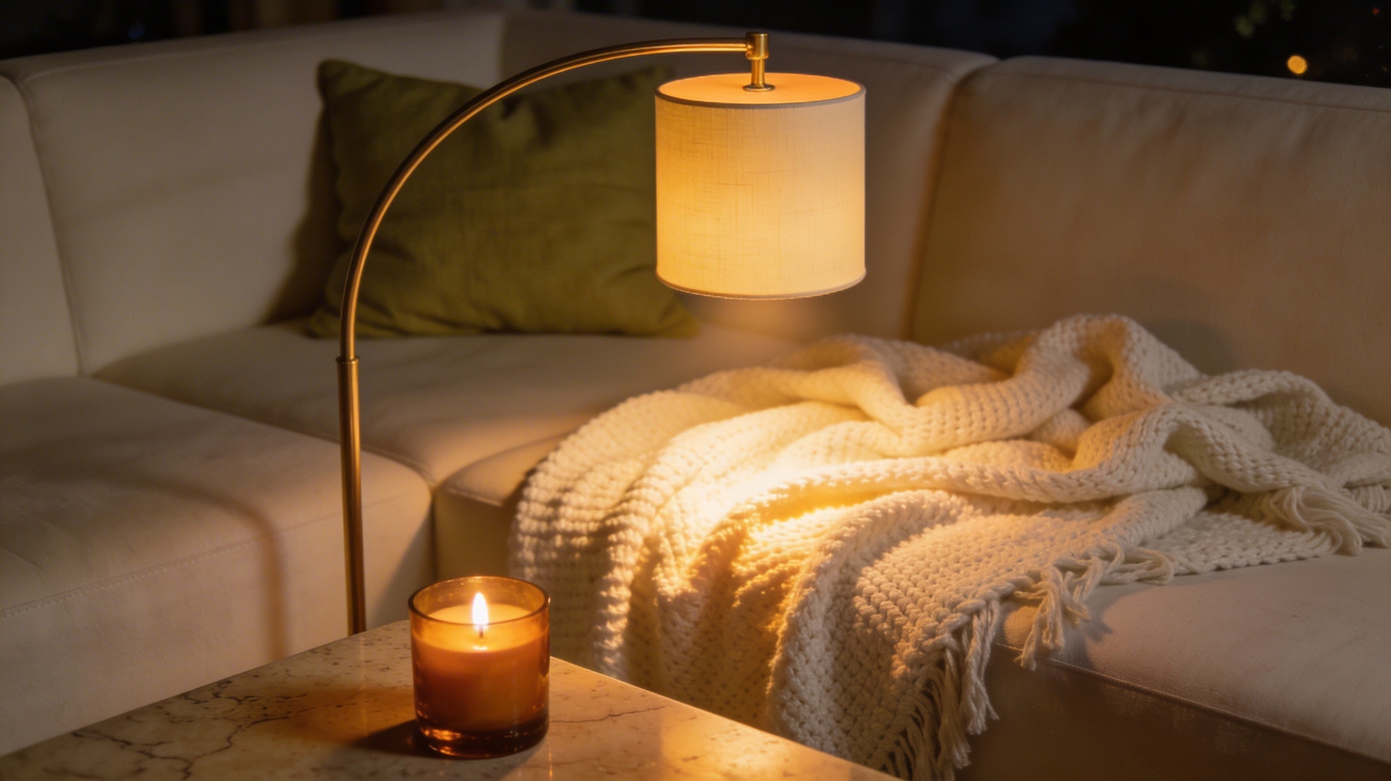Cozy small apartment sofa corner at night with chunky ivory knit throw, sage green pillow, lit amber glass candle on travertine table, and arc floor lamp casting warm amber glow.