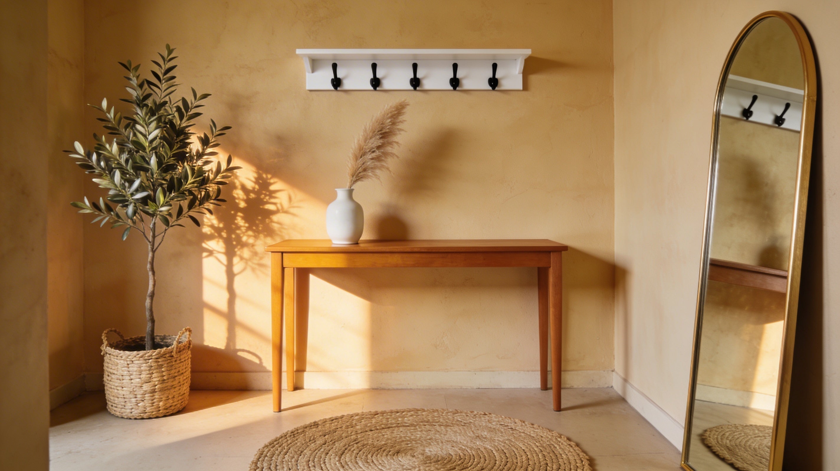 Warm neutral apartment entryway with honey brown console table, white ceramic vase, wall-mounted coat rack, round jute doormat, faux olive tree in woven basket, and arched gold mirror leaning against plaster wall.