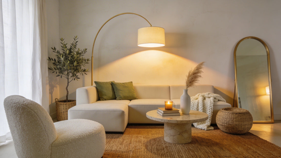 Warm neutral studio apartment living zone with floating cream sectional sofa, arc floor lamp, bouclé chair, seagrass rug, and arched gold mirror defining the space.