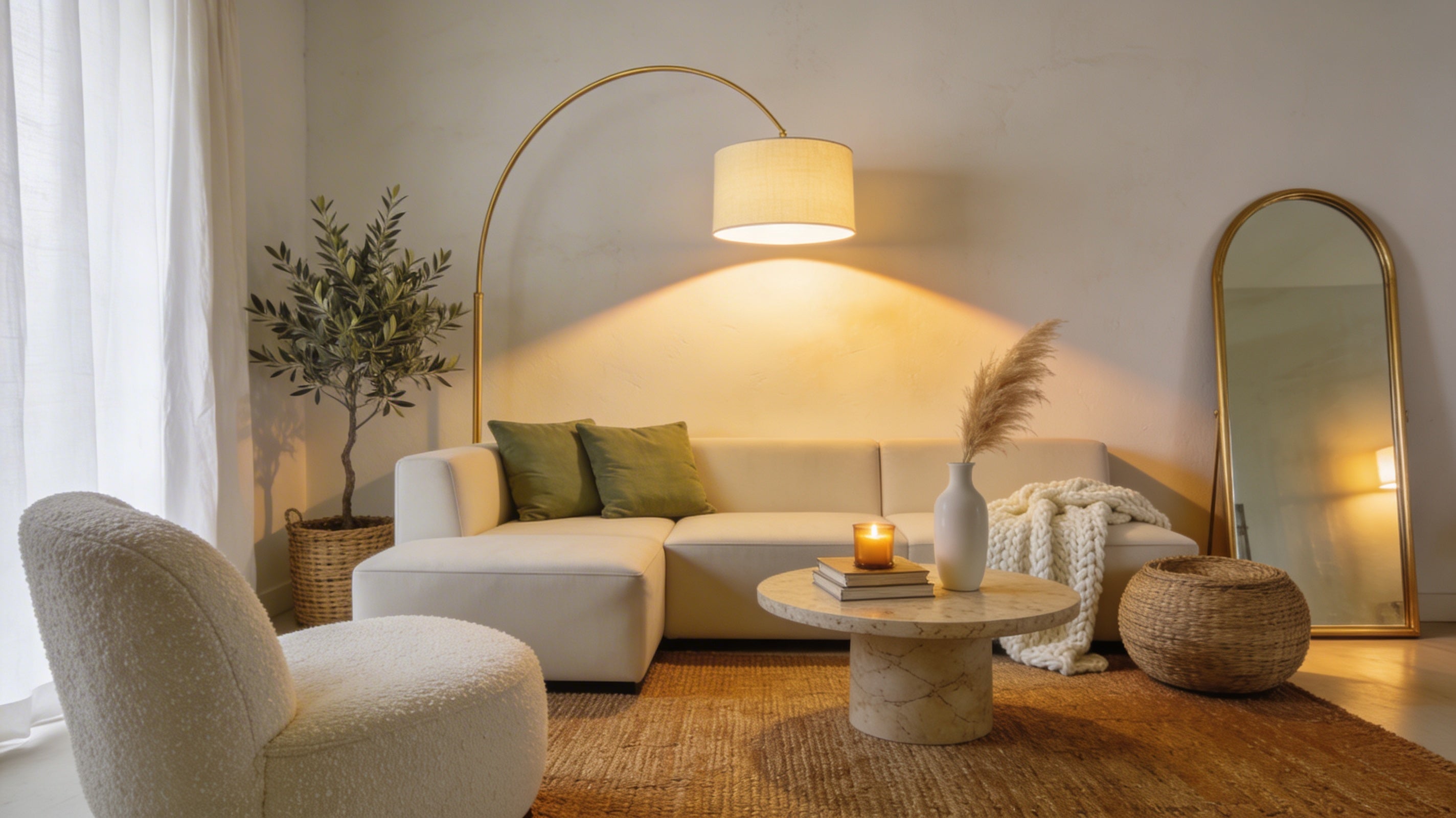 Warm neutral studio apartment living zone with floating cream sectional sofa, arc floor lamp, bouclé chair, seagrass rug, and arched gold mirror defining the space.