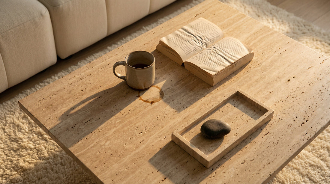 Warm small apartment living room detail showing travertine coffee table on ivory shag rug with open book, ceramic mug, and stone tray in soft golden hour light.