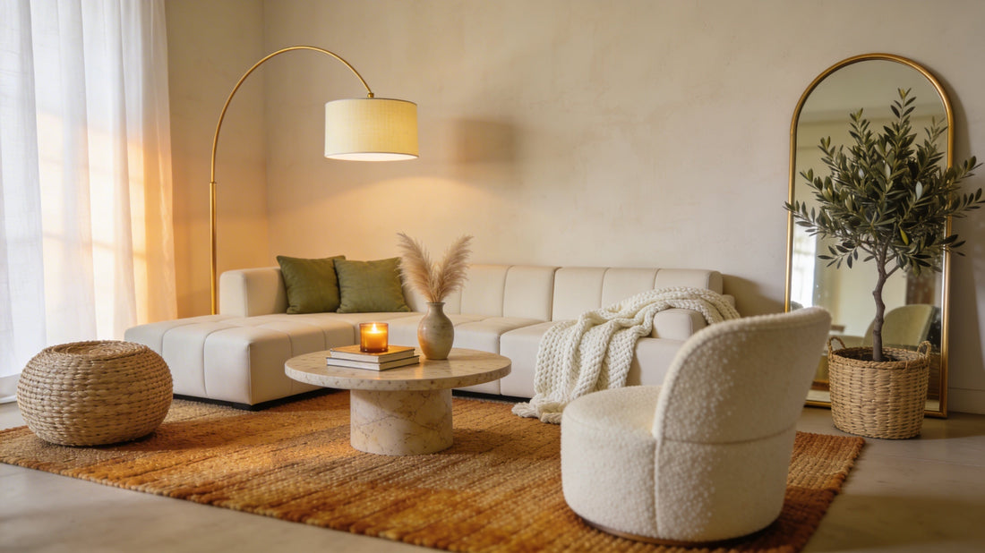 Warm neutral one-bedroom apartment living room with floating cream sectional sofa, arc floor lamp, bouclé chair, seagrass rug, travertine coffee table, olive tree, and arched gold mirror.