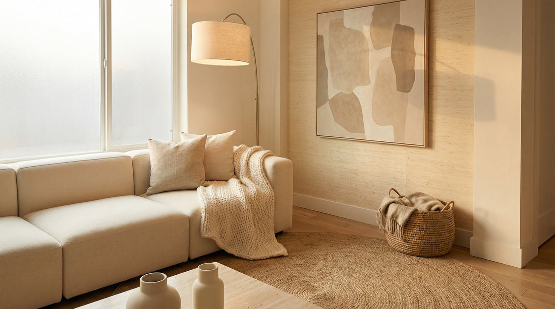 Warm neutral rental apartment living room with cream grasscloth peel-and-stick wallpaper accent wall, abstract art, arc floor lamp, seagrass rug, cream sofa, chunky knit throw, and woven basket