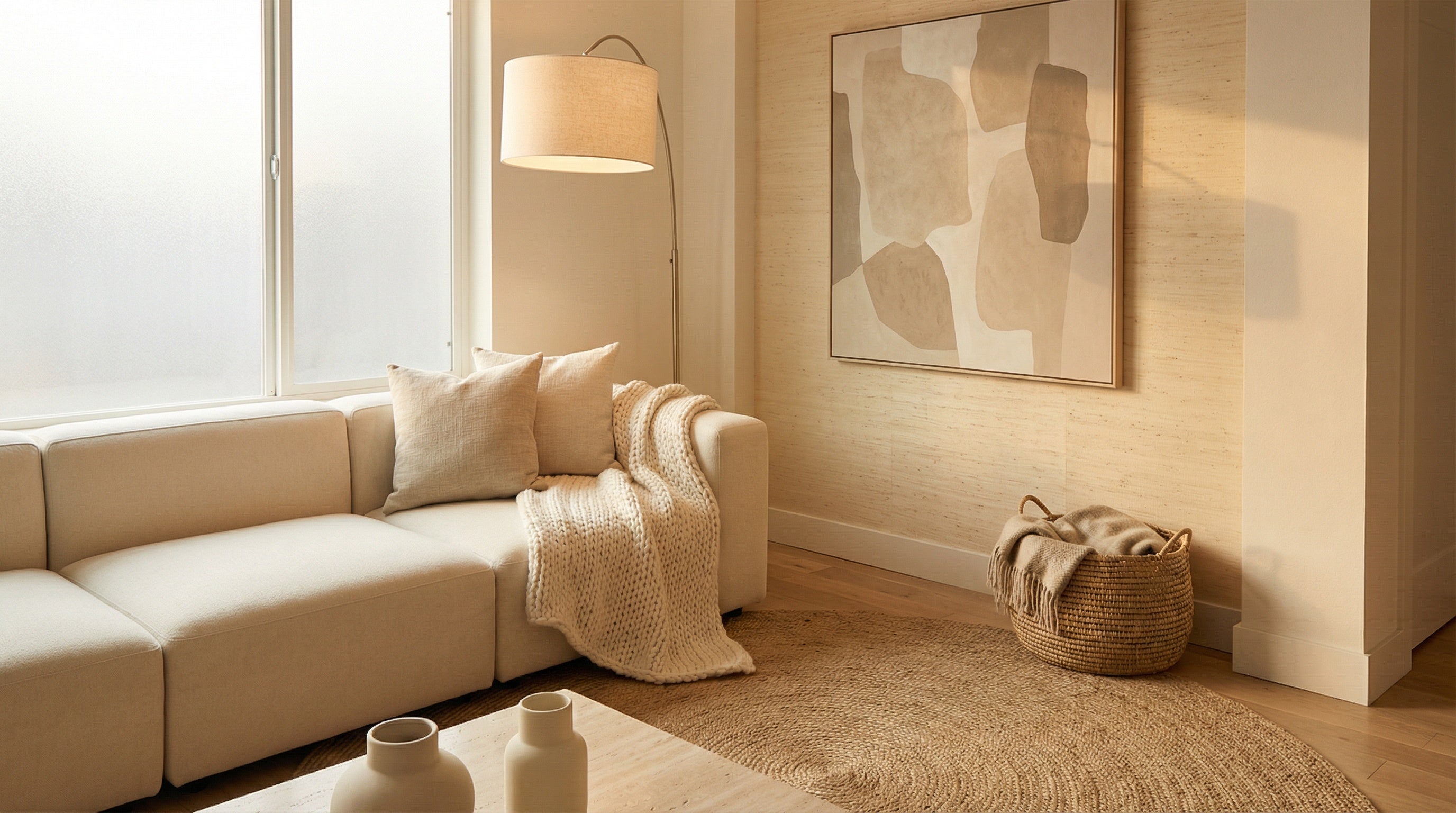 Warm neutral rental apartment living room with cream grasscloth peel-and-stick wallpaper accent wall, abstract art, arc floor lamp, seagrass rug, cream sofa, chunky knit throw, and woven basket