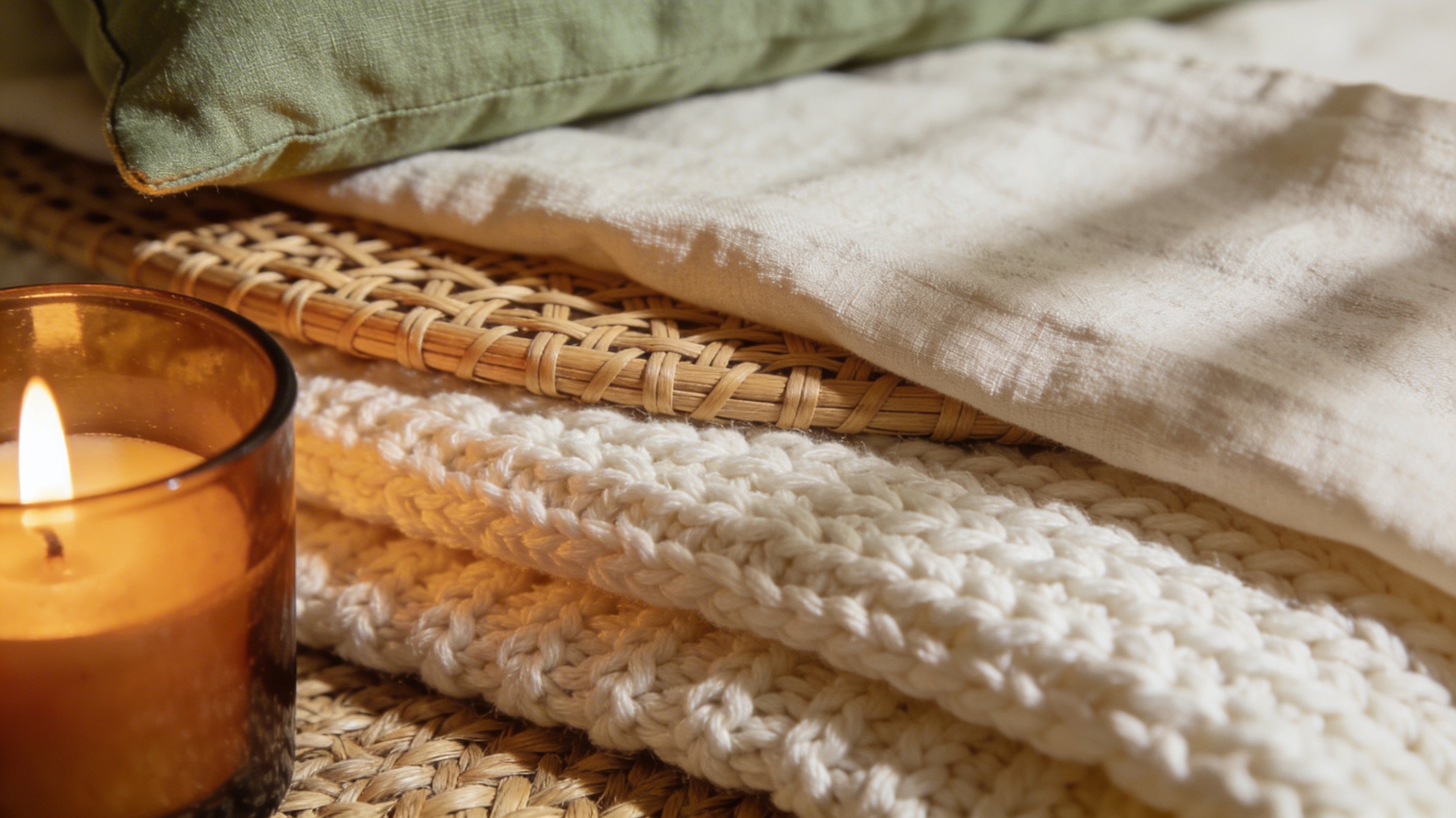 Warm neutral color palette texture stack — chunky ivory knit throw, natural linen, rattan weave, seagrass, and sage green linen layered together with amber candlelight.