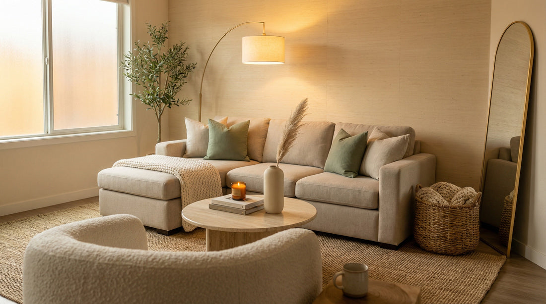 Warm neutral small apartment living room with beige sectional, arc floor lamp, grasscloth wallpaper, seagrass rug, and arched gold mirror in soft golden light.