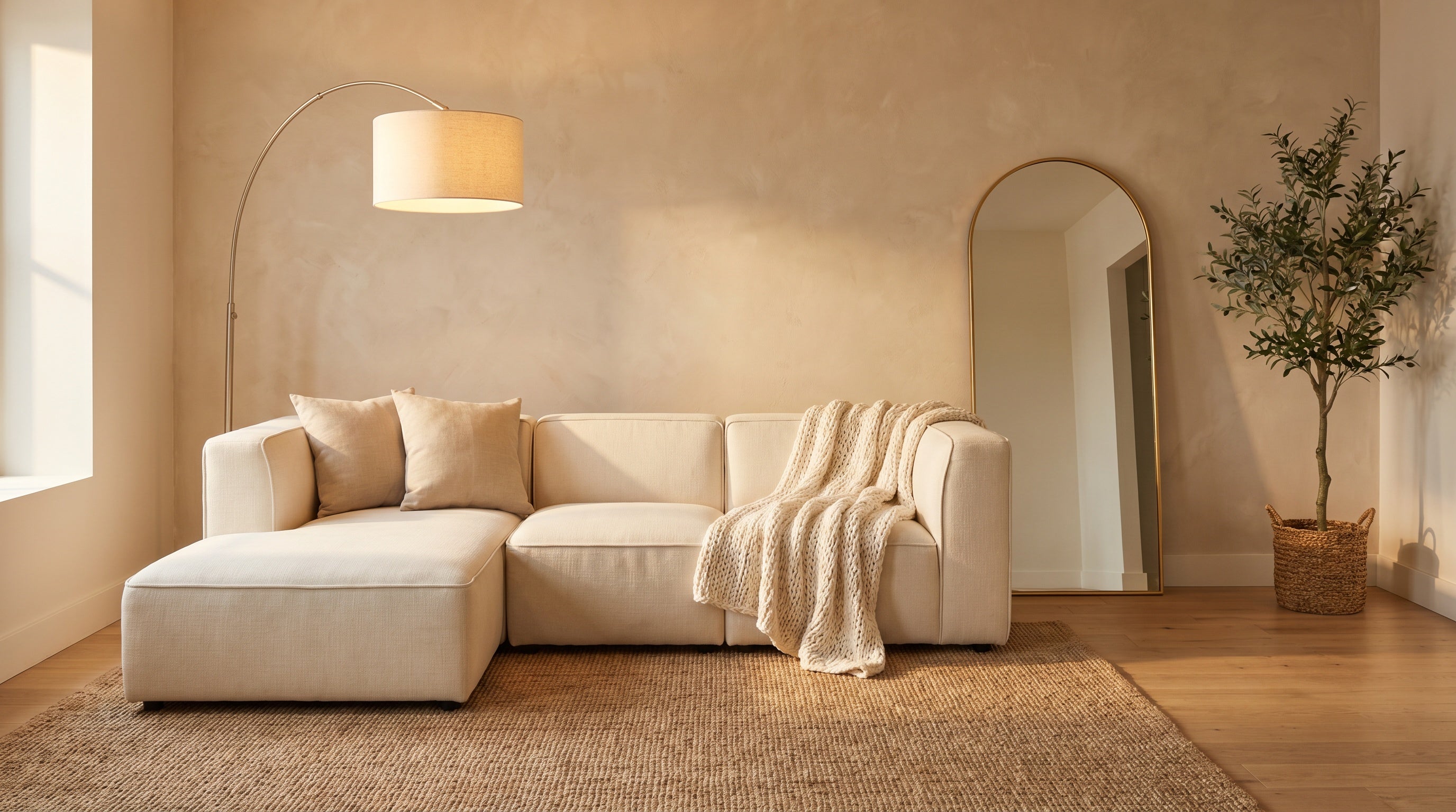 Warm neutral small apartment living room with cream modular sectional, chunky knit throw, seagrass rug, arc floor lamp, arched gold mirror, and faux olive tree in woven basket.