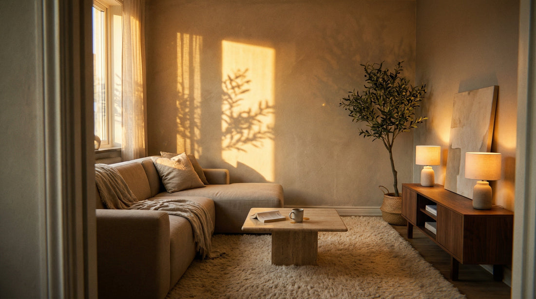 Warm neutral small apartment living room showing correctly sized ivory shag rug extending past beige sectional sofa legs, travertine coffee table centered on rug, olive tree with leaf shadows on plaster wall, ceramic lamps glowing on walnut console