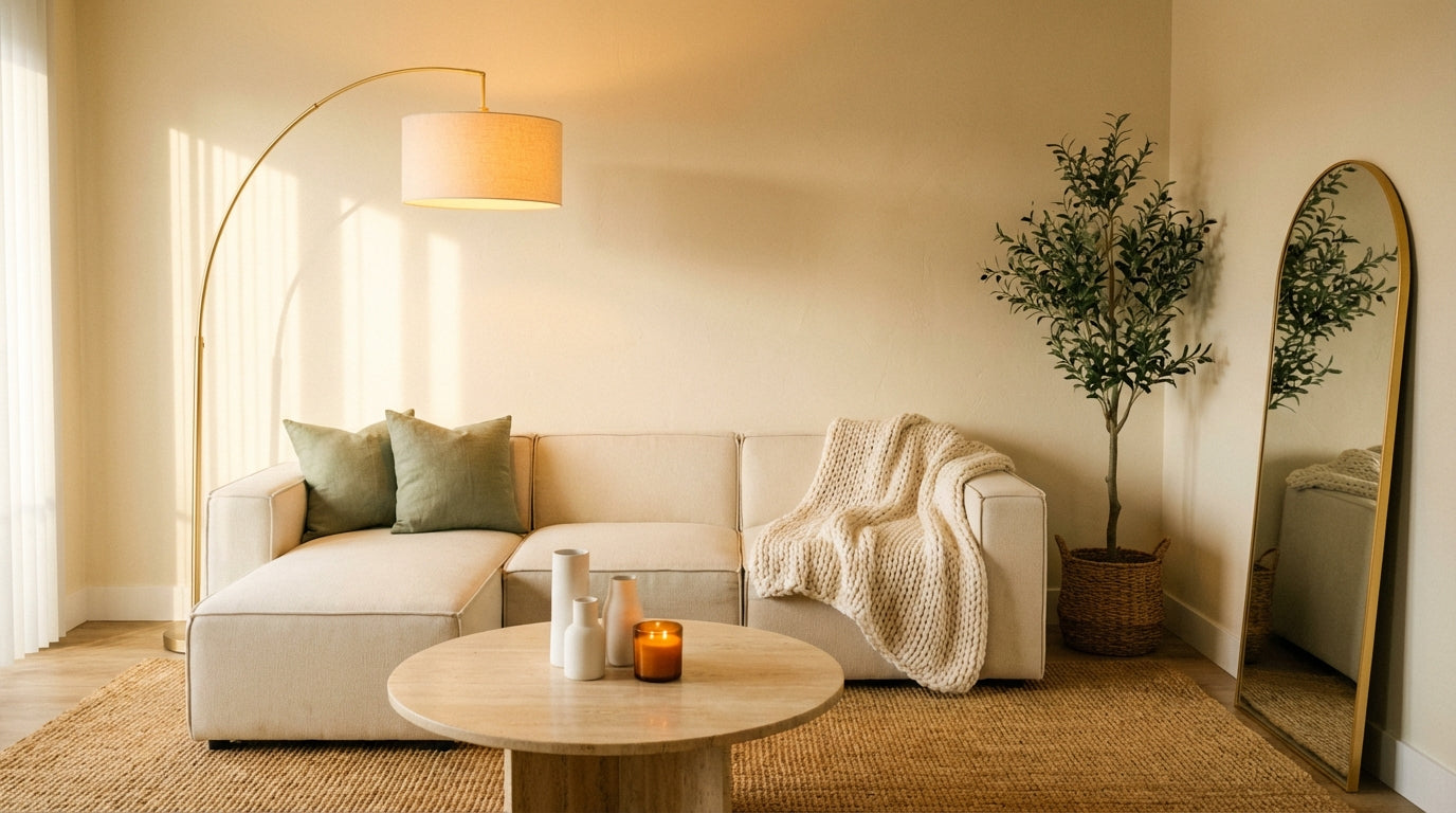 Warm neutral small apartment living room with arc floor lamp, cream sectional, sage green pillows, chunky knit throw, seagrass rug, olive tree, and arched gold mirror — a designed room that doesn't look cheap.