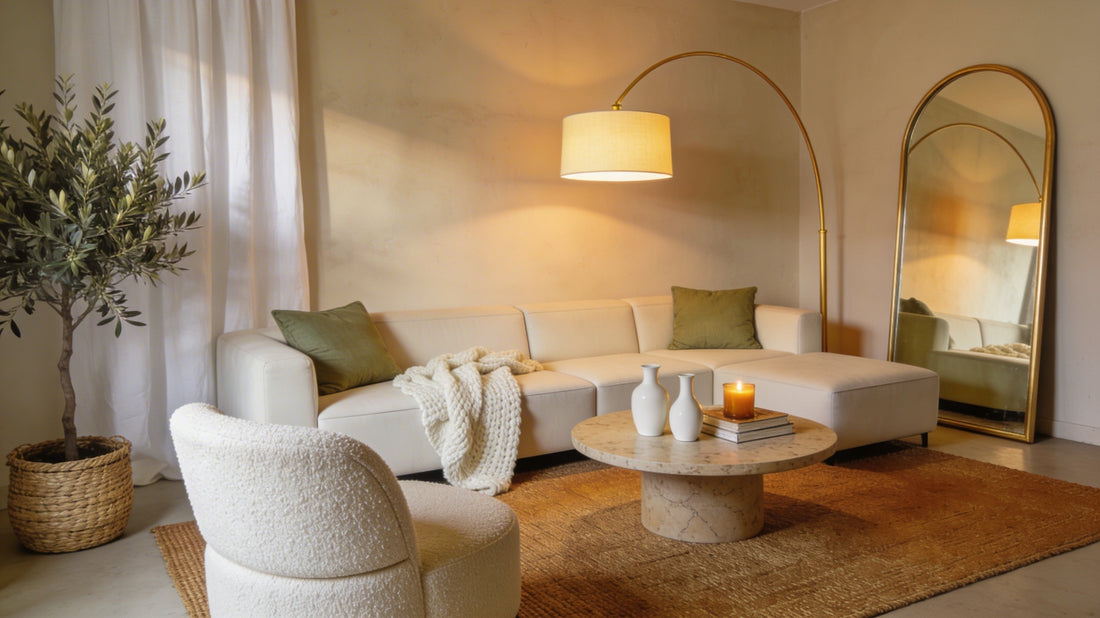 Warm neutral small apartment living room styled to look magazine-worthy with arc floor lamp, floating sectional, bouclé chair, seagrass rug, and arched gold mirror.