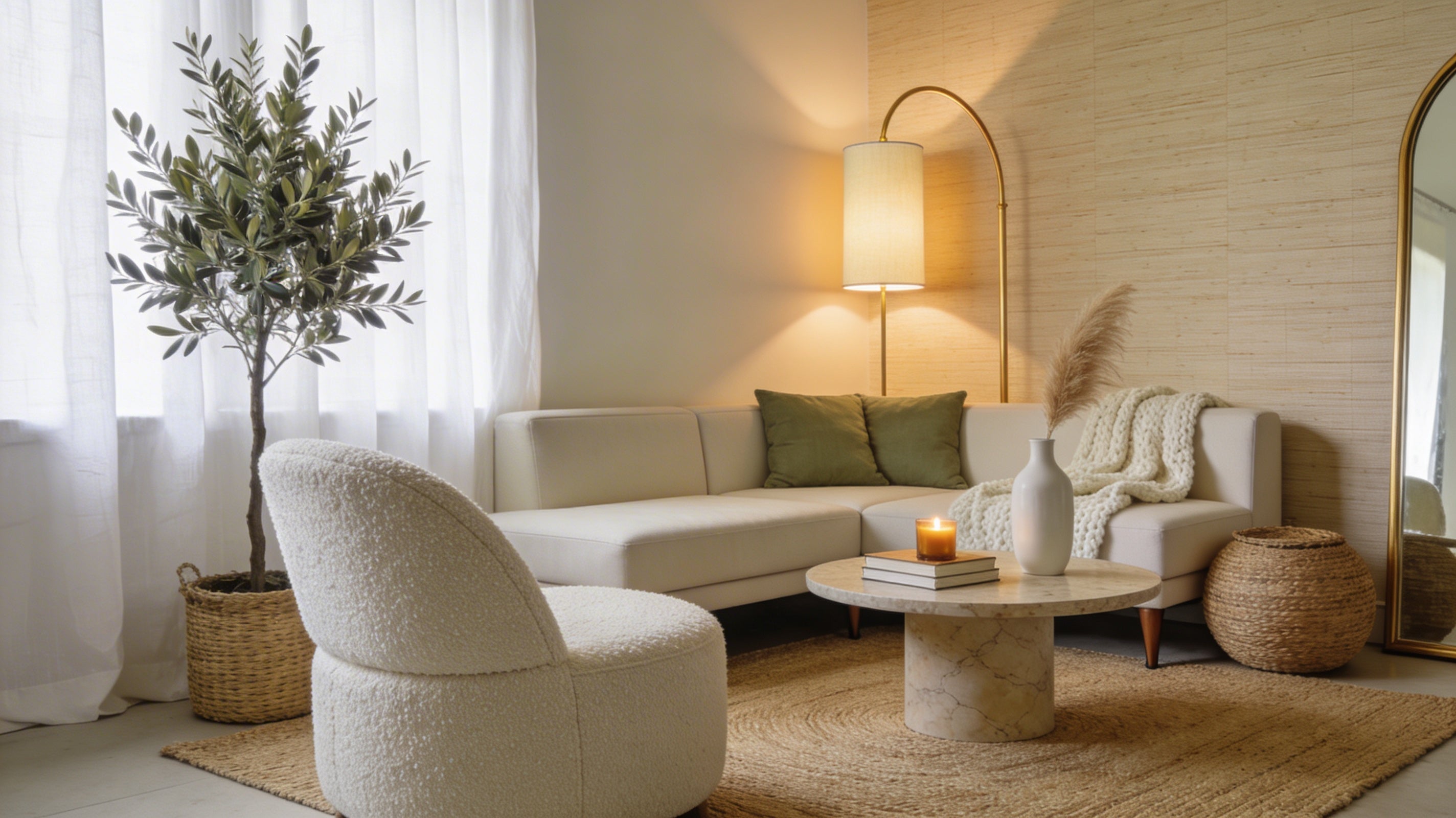 Warm neutral small apartment living room with floating sectional sofa, arc floor lamp, bouclé chair, seagrass rug, and arched gold mirror.