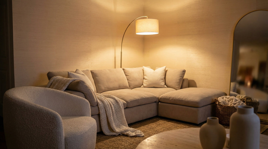 Warm neutral studio apartment living zone at night — beige modular sectional sofa with chunky knit throw, ivory bouclé accent chair, arc floor lamp, grasscloth wallpaper, seagrass rug, arched gold mirror, and matte ceramic vases in soft amber lamplight.