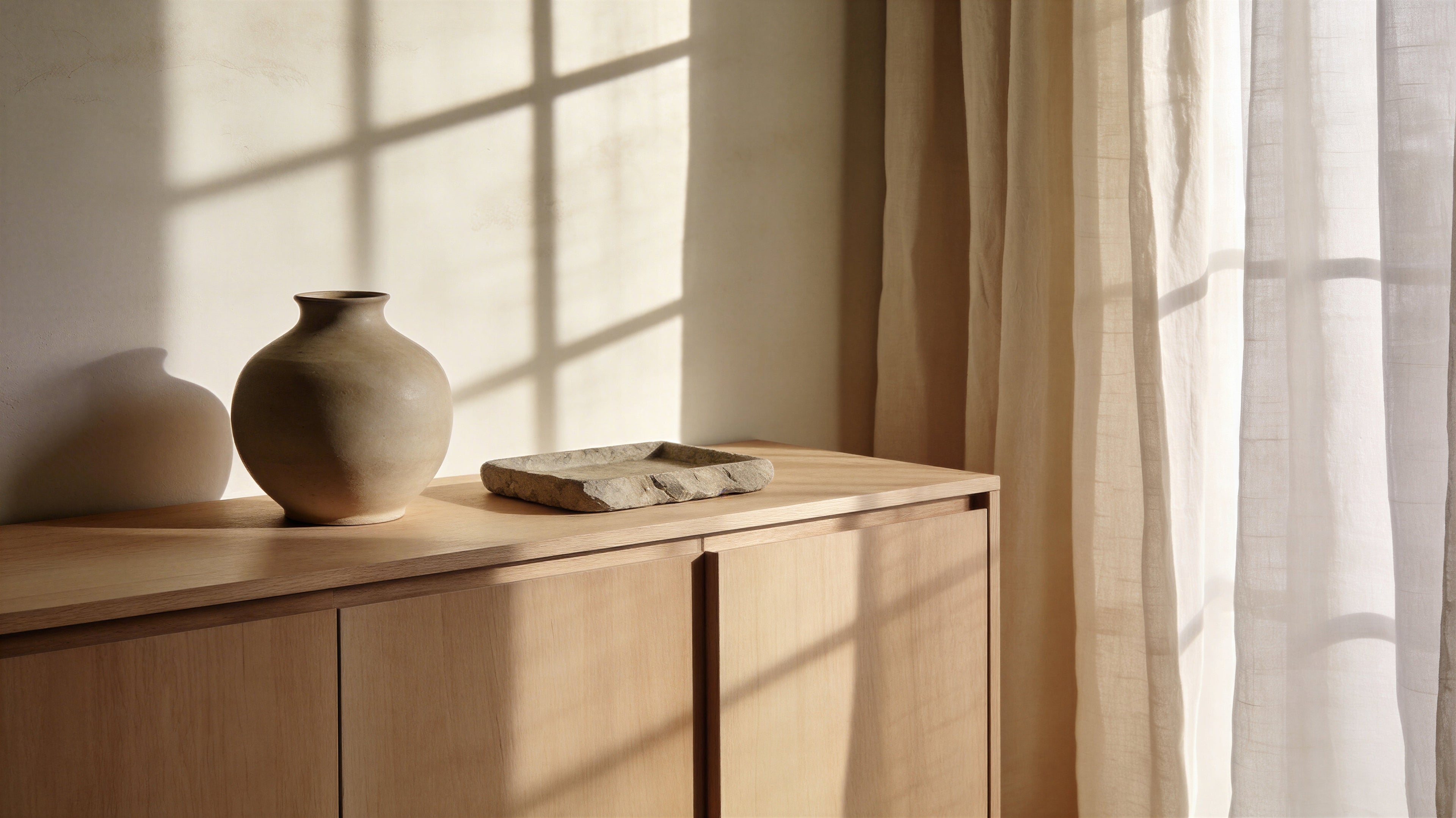 Warm neutral vignette with a ceramic vase and stone tray on a light wood dresser in soft morning light.