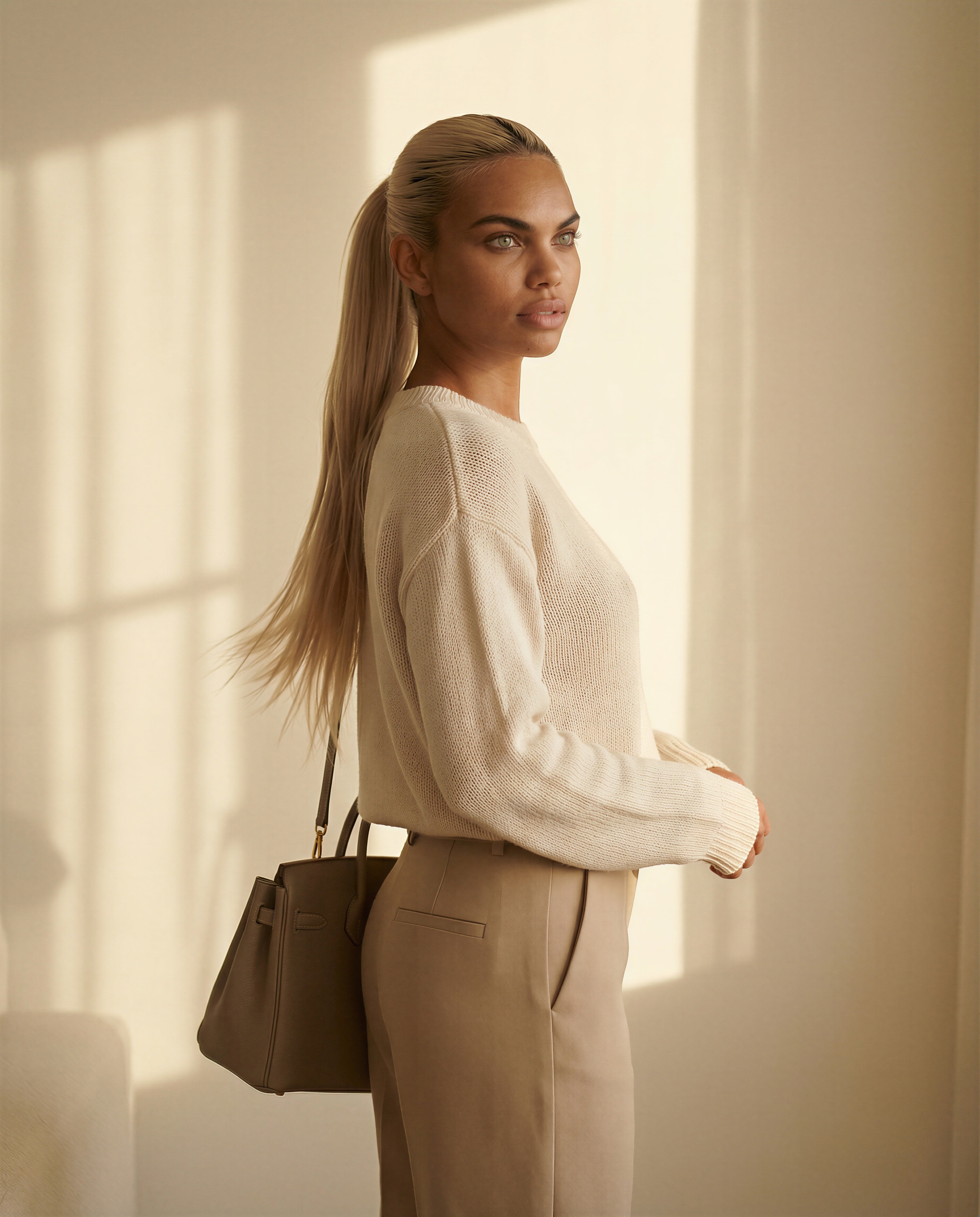 Neutral capsule wardrobe styling with tailored silhouettes in warm, softly lit editorial setting
