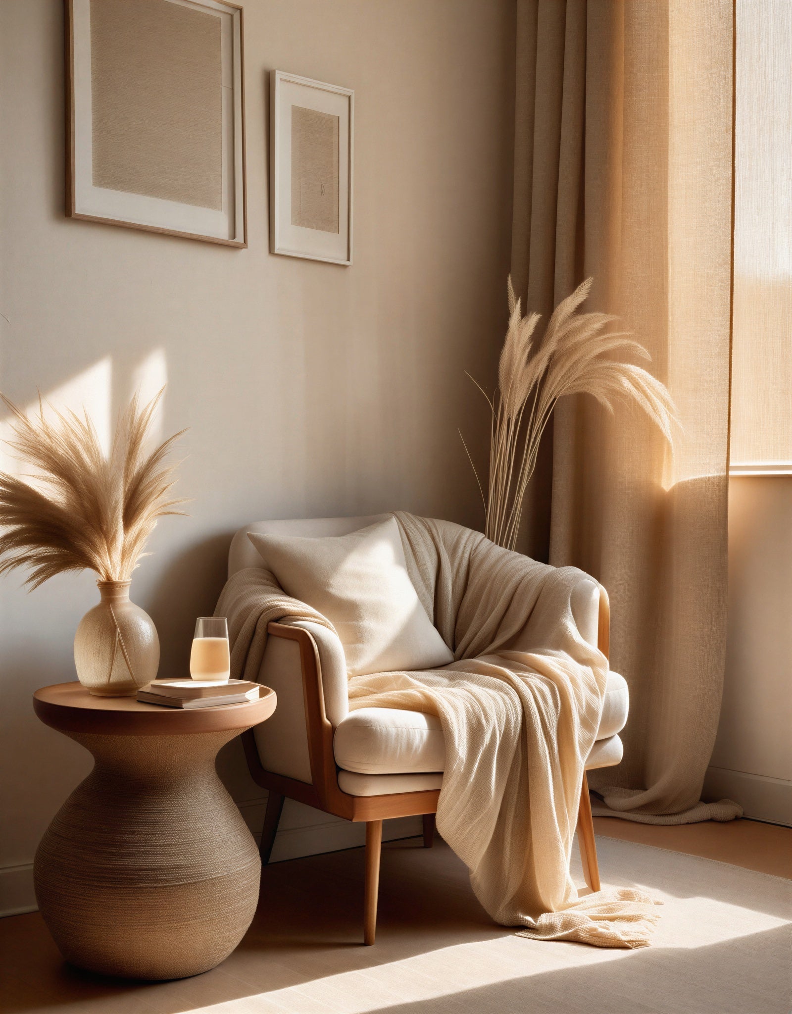 Warm neutral small apartment styling with layered textures, natural wood, and soft daylight