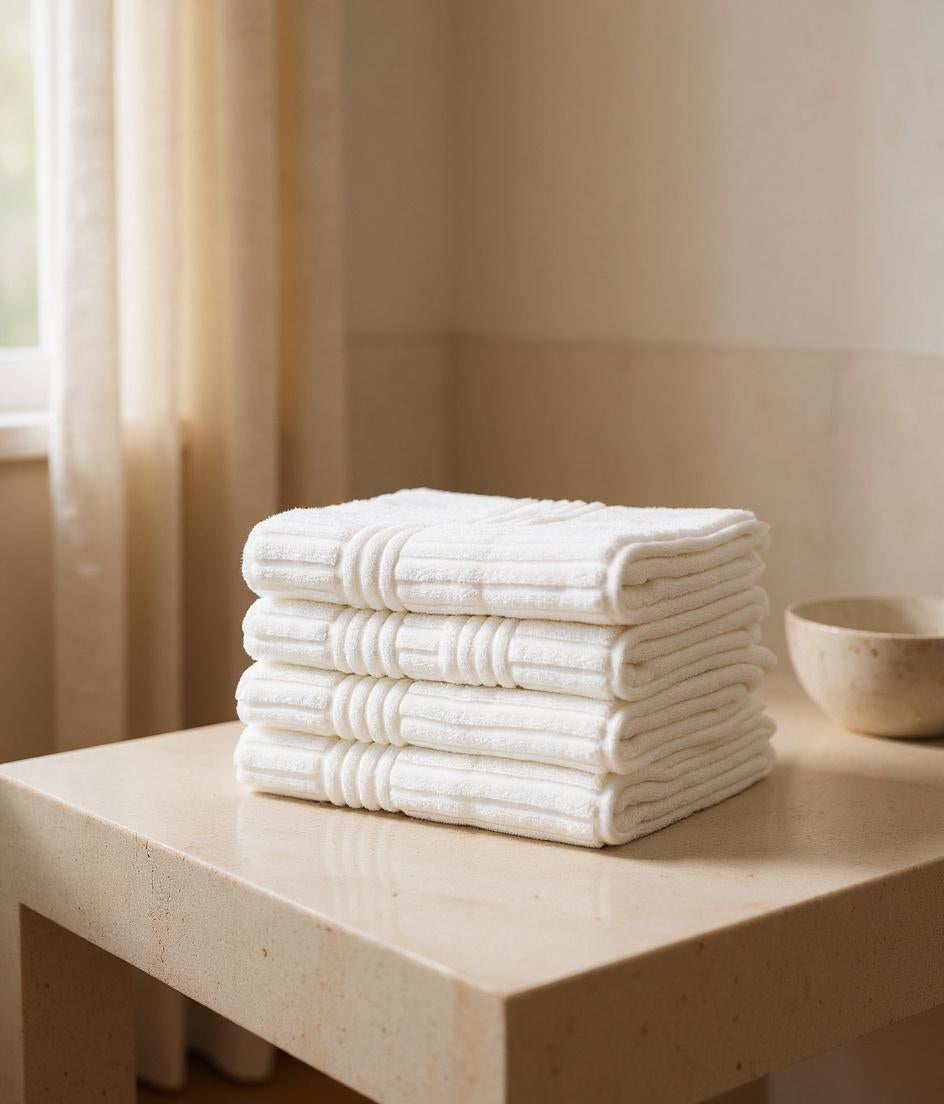 Spa-weight Turkish cotton towels folded neatly on stone counter in warm morning light