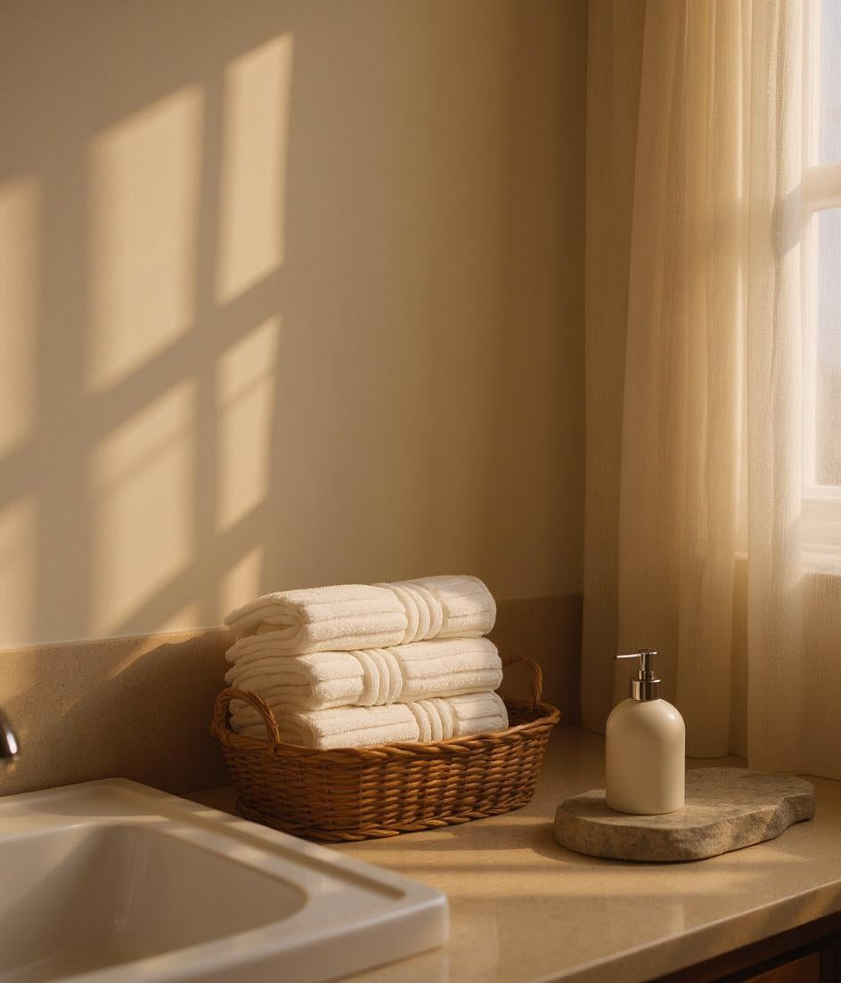 Warm neutral bathroom styling with Turkish towels in basket and minimal soap on stone tray