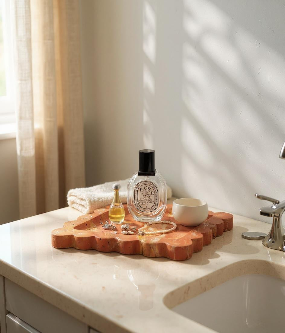 Travertine styling tray with minimal objects on a warm neutral surface