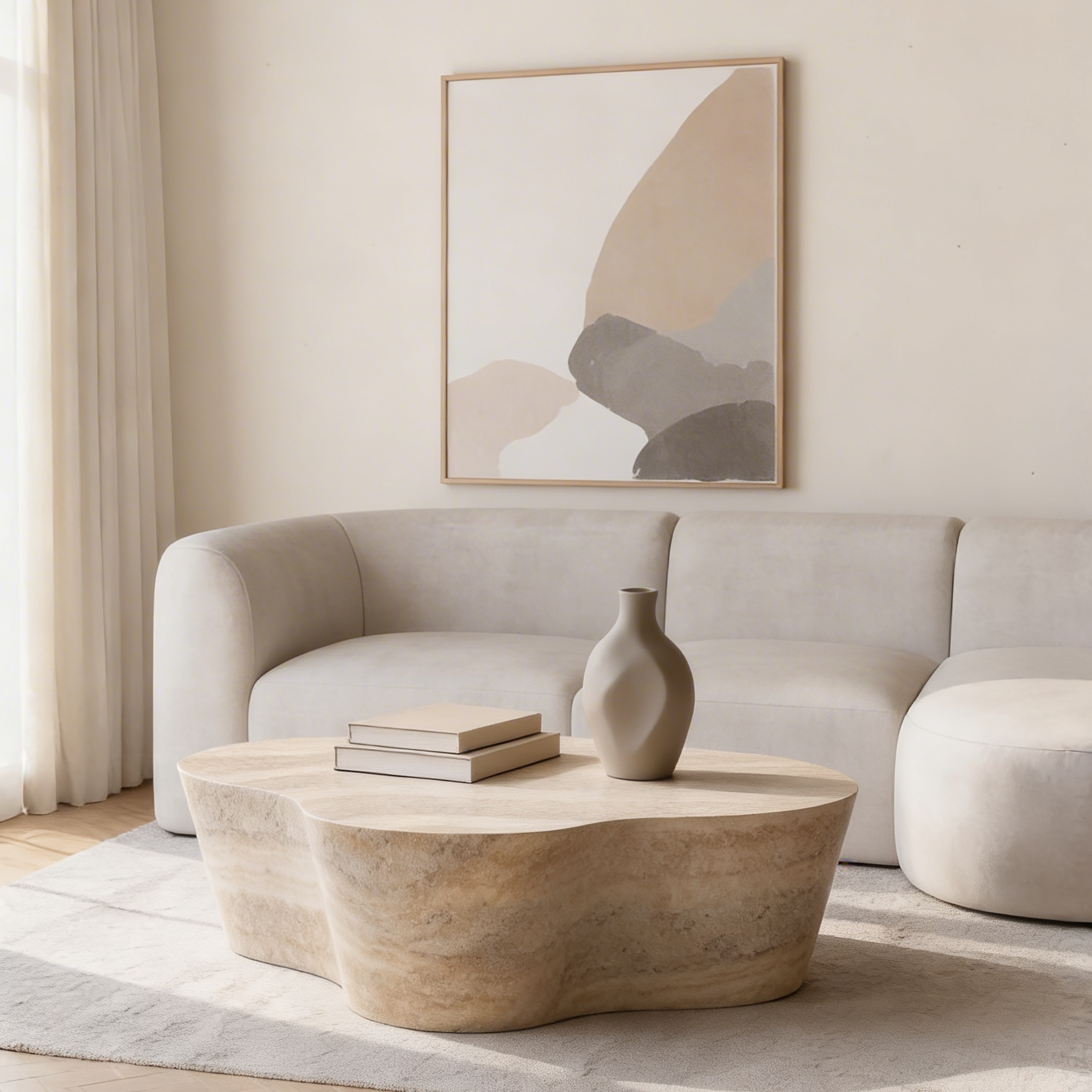 Organic stone coffee table styled with stacked books and a sculptural vase in front of a cream sofa and abstract art, bathed in gentle afternoon light.