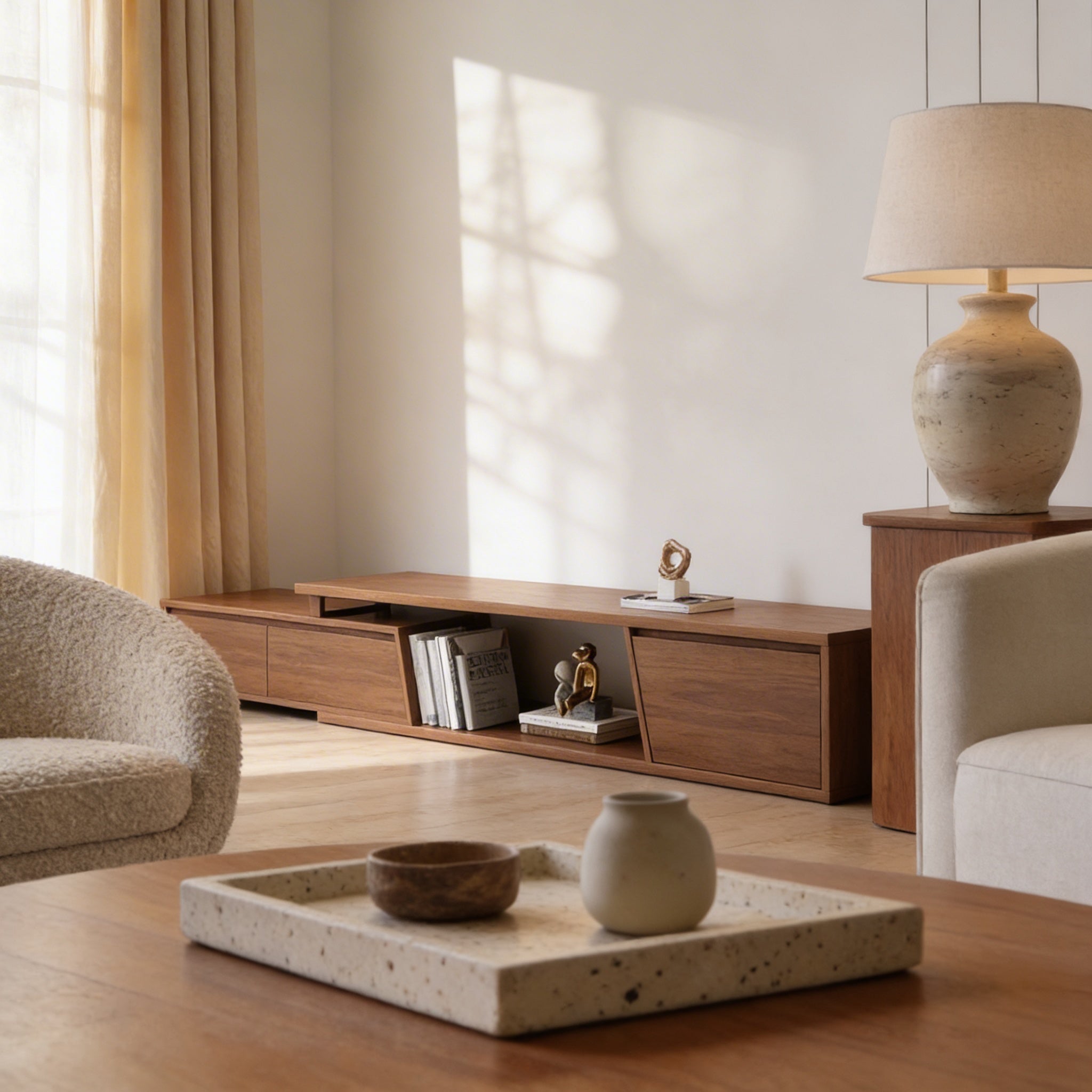 Long low walnut media console styled with stacked books and sculptural decor, set against a bright neutral wall with soft afternoon sunlight.