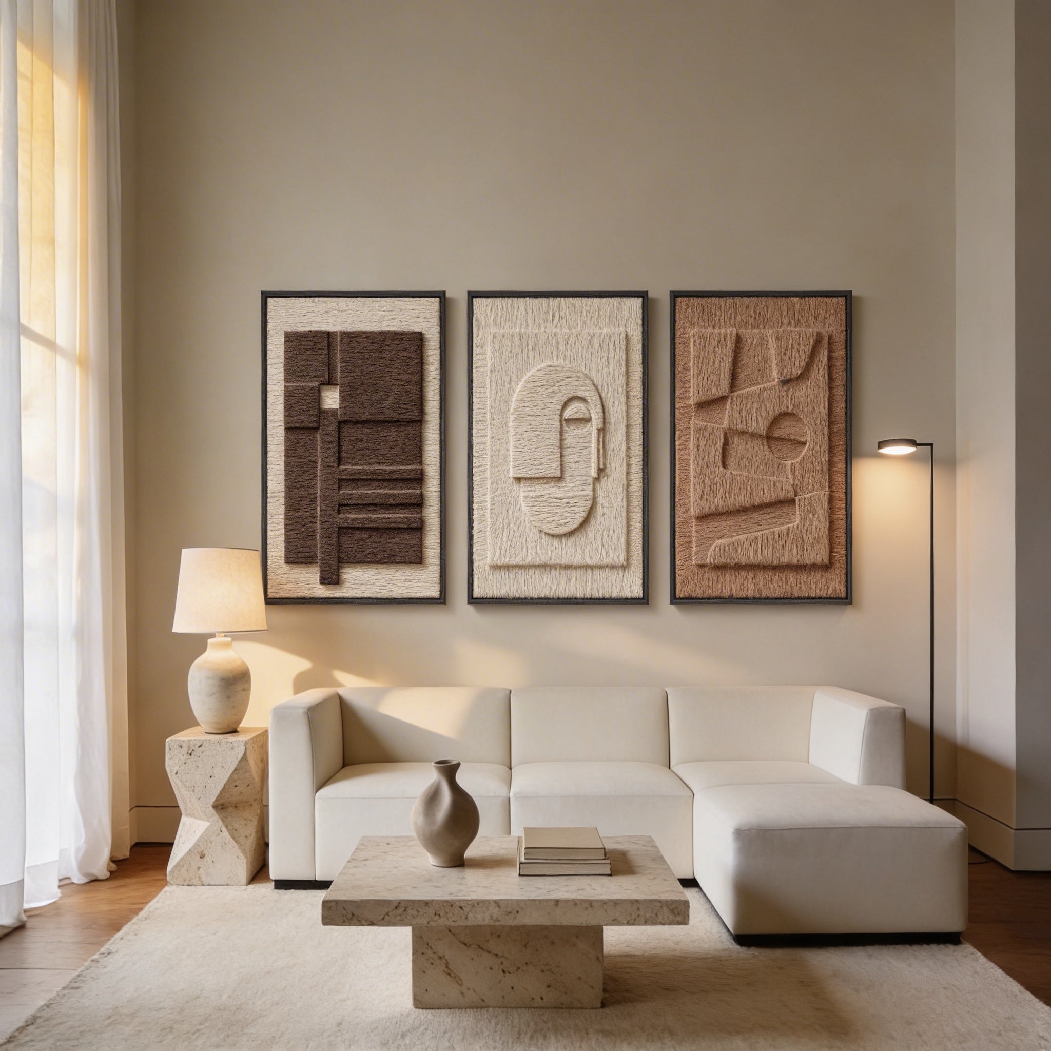 Set of three oversized neutral textured abstract wall art pieces displayed above a cream sectional sofa in a warm minimalist living room.
