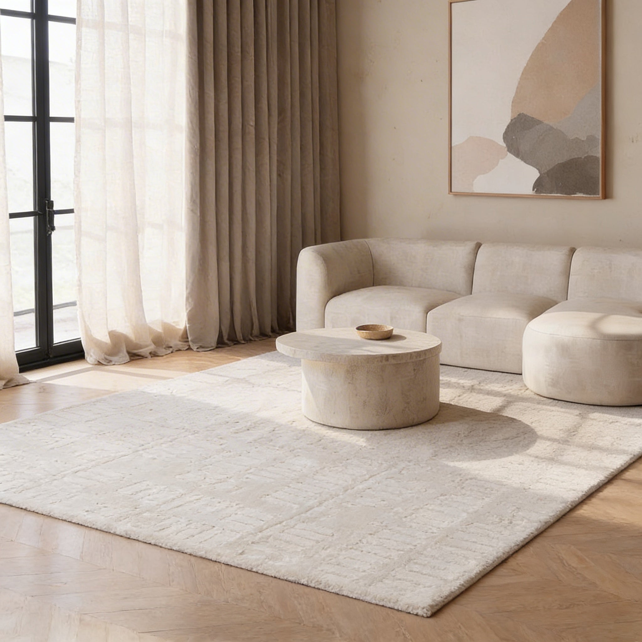 Oversized warm ivory textured area rug layered over herringbone wood flooring beneath a round stone coffee table and curved cream sofa.